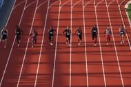Christian Miller and others compete in the men's 100 meter semi-finals of U.S. Olympic Team Trials. (Photo by Patrick Smith/Getty Images)